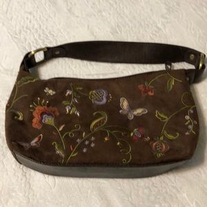Bueno brown fabric handbag with butterflies flowers. Wide strap/vintage